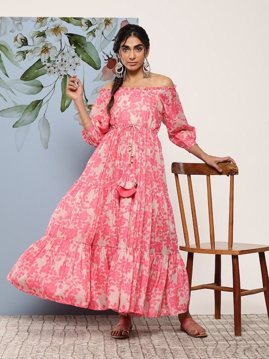 Floral Printed Tie-Ups Off-Shoulder Maxi Dress - Inddus.com
