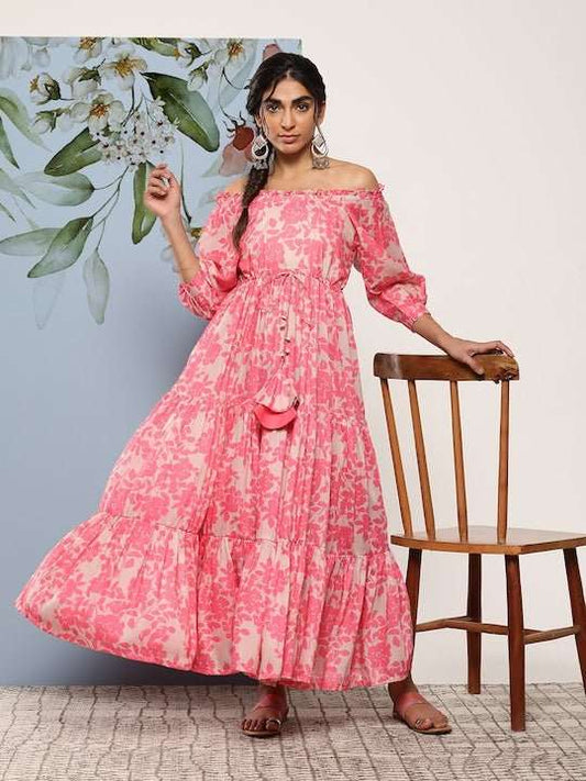 Floral Printed Tie-Ups Off-Shoulder Maxi Dress - Inddus.com