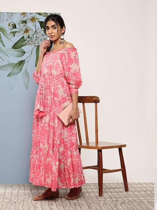 Floral Printed Tie-Ups Off-Shoulder Maxi Dress - Inddus.com