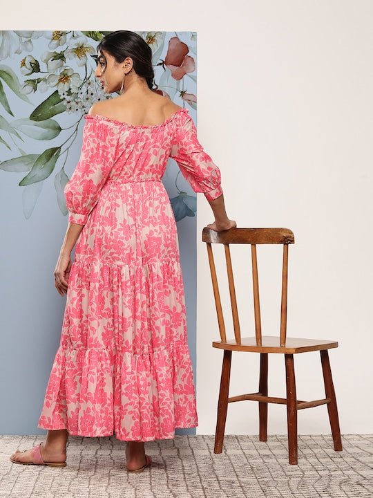 Floral Printed Tie-Ups Off-Shoulder Maxi Dress - Inddus.com