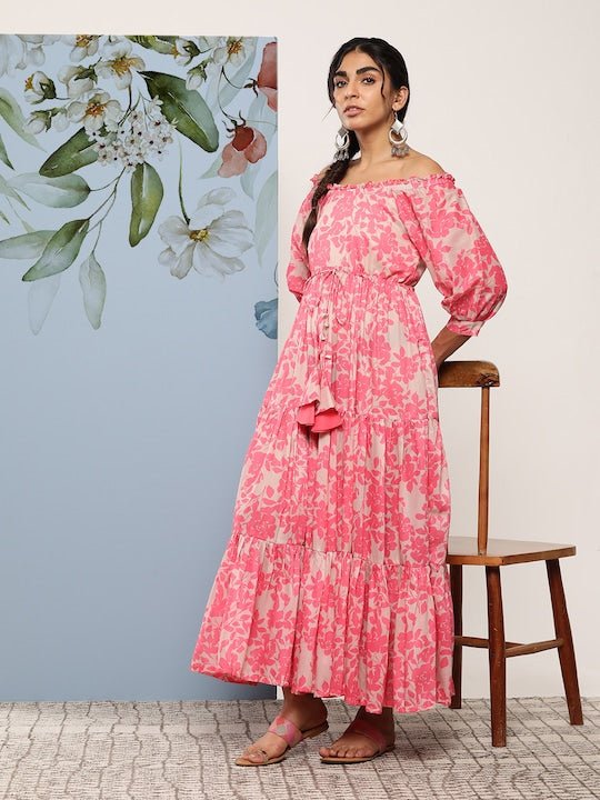 Floral Printed Tie-Ups Off-Shoulder Maxi Dress - Inddus.com