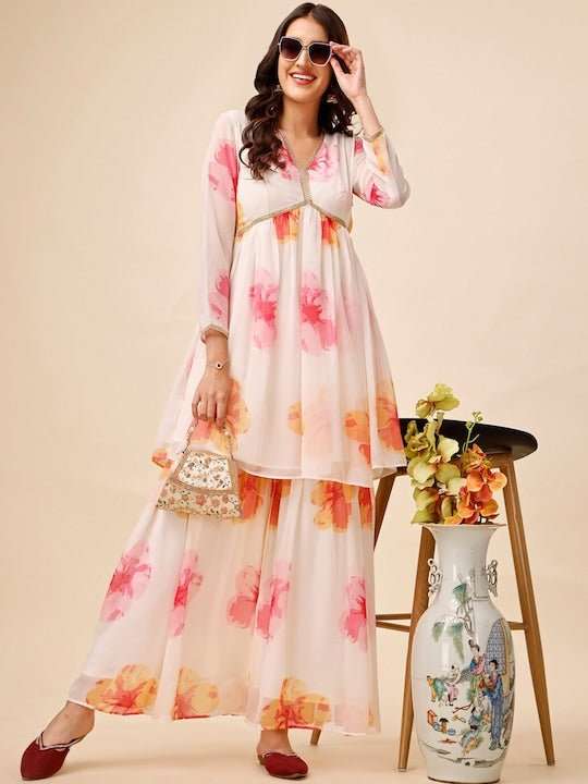 Floral Printed V-Neck A-Line Kurta with Sharara - Inddus.com