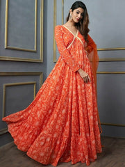 Floral Printed V-Neck Gotta Patti Georgette Anarkali Empire Kurta With Dupatta - Inddus.com
