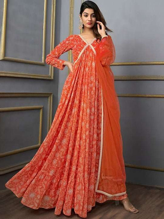 Floral Printed V-Neck Gotta Patti Georgette Anarkali Empire Kurta With Dupatta - Inddus.com