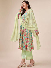 Floral Printed V-Neck Kurta & Trousers with Dupatta - Inddus.com