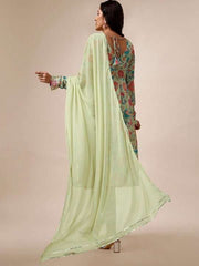 Floral Printed V-Neck Kurta & Trousers with Dupatta - Inddus.com