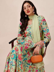Floral Printed V-Neck Kurta & Trousers with Dupatta - Inddus.com
