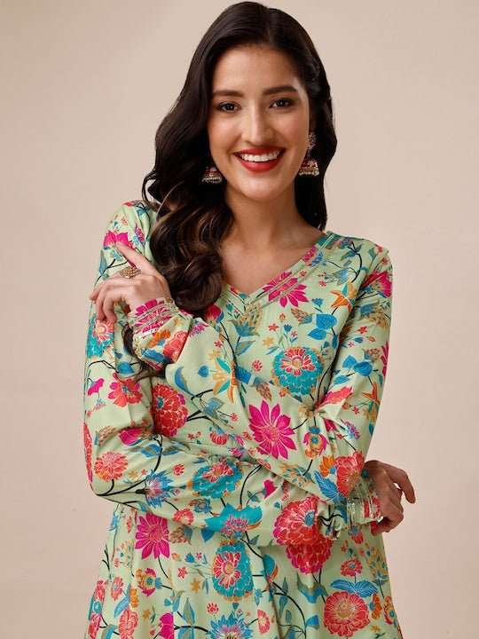 Floral Printed V-Neck Kurta & Trousers with Dupatta - Inddus.com