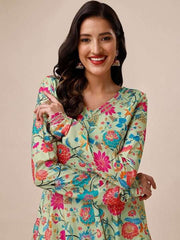Floral Printed V-Neck Kurta & Trousers with Dupatta - Inddus.com