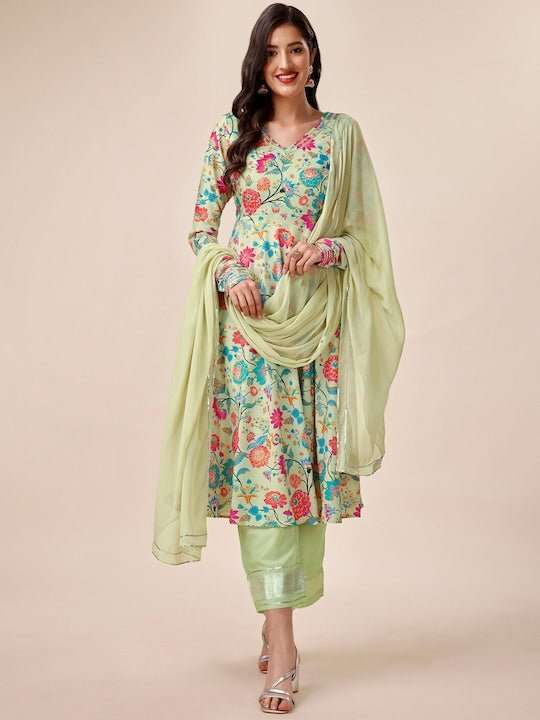 Floral Printed V-Neck Kurta & Trousers with Dupatta - Inddus.com