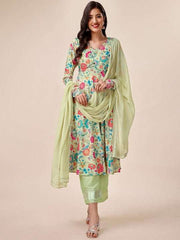 Floral Printed V-Neck Kurta & Trousers with Dupatta - Inddus.com