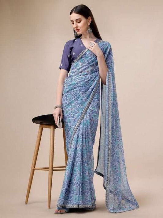 Floral Printed Zari Detailed Saree