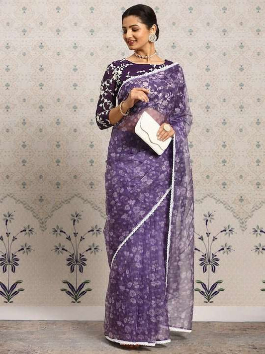 Floral Printed Zari Organza Saree