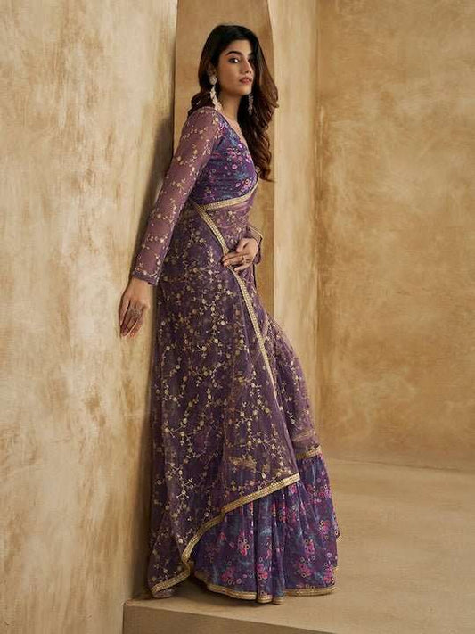 Floral Sequines Embroidered Ruffled Saree - Inddus.com