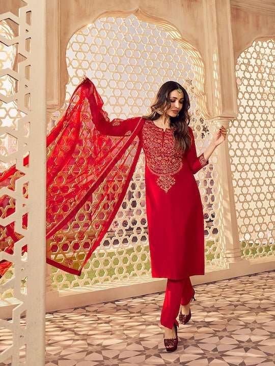 Floral Sequinned Yoke Design Regular Pure Silk Kurta With Trousers & Dupatta - Inddus.com