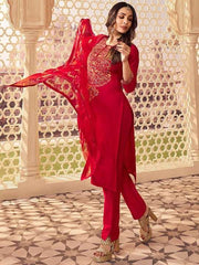 Floral Sequinned Yoke Design Regular Pure Silk Kurta With Trousers & Dupatta - Inddus.com