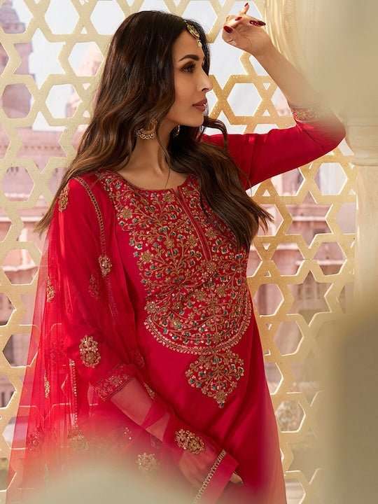 Floral Sequinned Yoke Design Regular Pure Silk Kurta With Trousers & Dupatta - Inddus.com