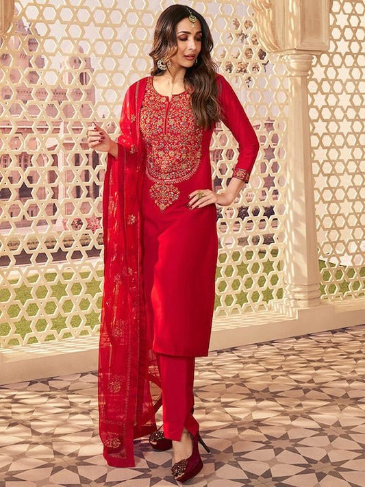 Floral Sequinned Yoke Design Regular Pure Silk Kurta With Trousers & Dupatta - Inddus.com
