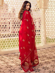 Floral Sequinned Yoke Design Regular Pure Silk Kurta With Trousers & Dupatta - Inddus.com