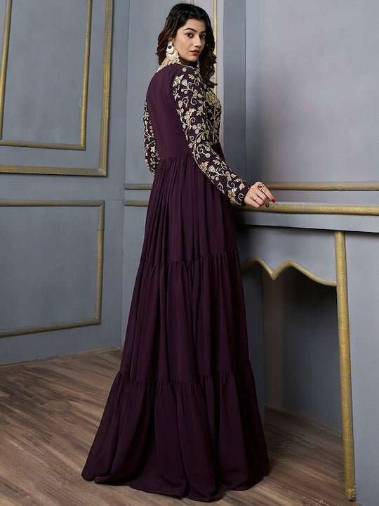 Floral Sequins And Embroidered Tiered Maxi Dress - Inddus.com