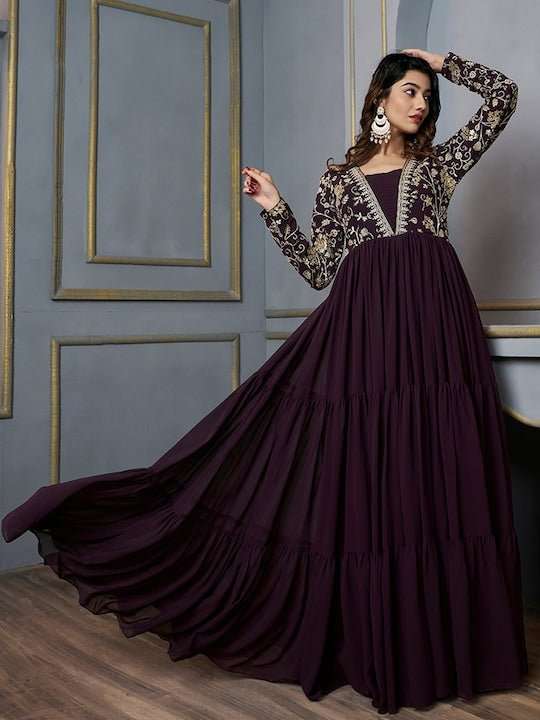 Floral Sequins And Embroidered Tiered Maxi Dress - Inddus.com