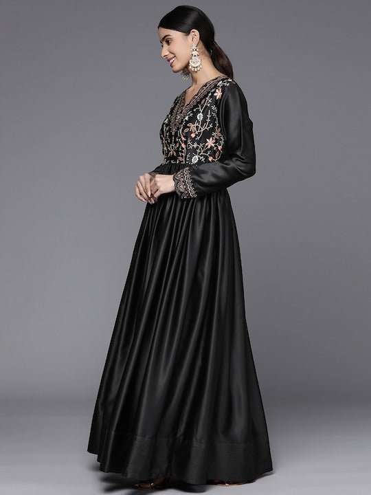 Floral Thread Work Embroidered Satin Maxi Ethnic Dress - Inddus.com