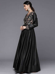 Floral Thread Work Embroidered Satin Maxi Ethnic Dress - Inddus.com