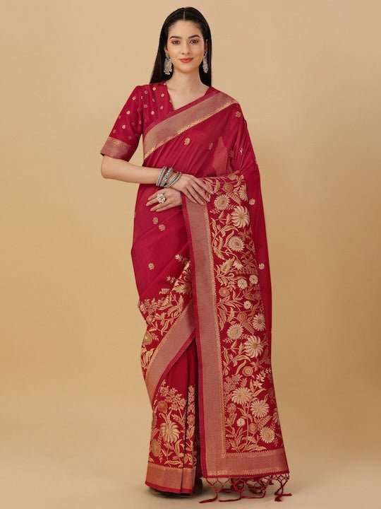 Floral Woven Design Zari Pure Silk Saree - Inddus.com