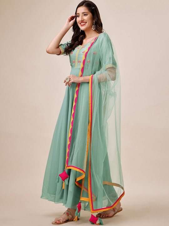 Floral Yoke Design Anarkali Kurta With Dupatta - Inddus.com