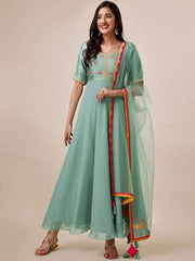 Floral Yoke Design Anarkali Kurta With Dupatta - Inddus.com