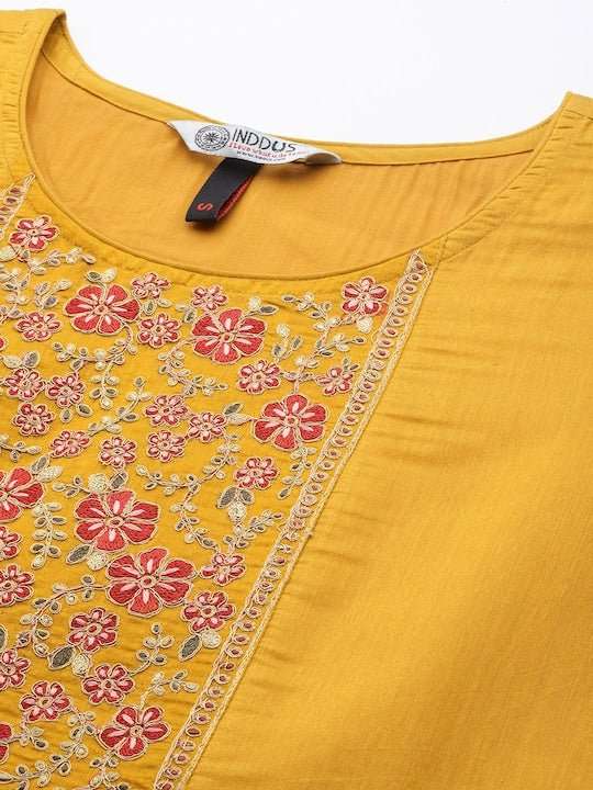 Floral Yoke Design Chanderi Cotton Kurta With Trousers & Dupatta - Inddus.com