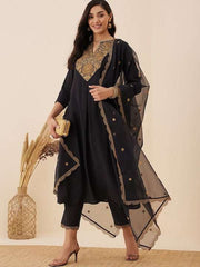 Floral Yoke Design Regular Chanderi Cotton Kurta With Trousers & Dupatta - Inddus.com