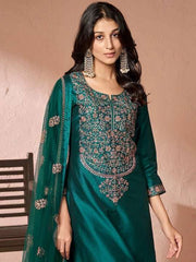 Floral Yoke Design Regular Pure Silk Kurta with Trousers & Dupatta - Inddus.com