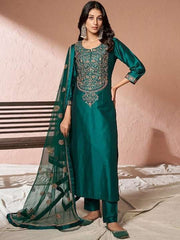 Floral Yoke Design Regular Pure Silk Kurta with Trousers & Dupatta - Inddus.com