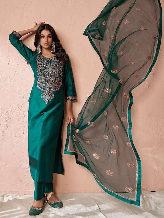 Floral Yoke Design Regular Pure Silk Kurta with Trousers & Dupatta - Inddus.com
