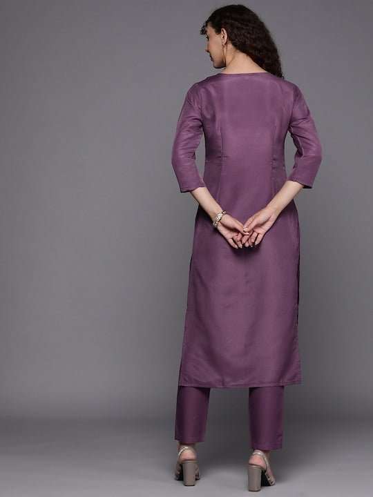 Floral Yoke Design Thread Work Kurta with Trousers - Inddus.com