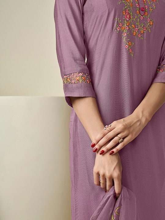 Floral Yoke Design Thread Work Pure Silk Kurta with Trousers & With Dupatta - Inddus.com