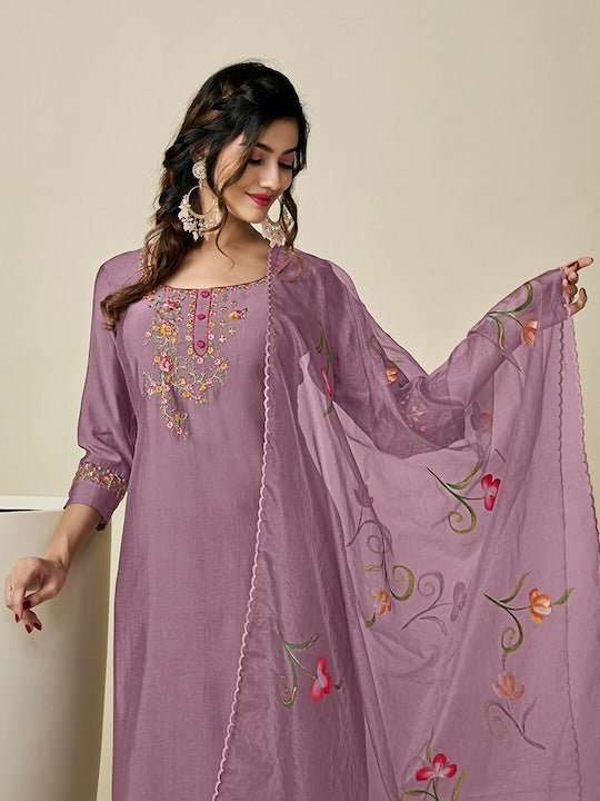 Floral Yoke Design Thread Work Pure Silk Kurta with Trousers & With Dupatta - Inddus.com