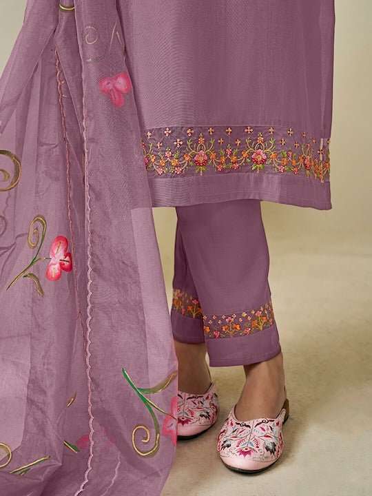 Floral Yoke Design Thread Work Pure Silk Kurta with Trousers & With Dupatta - Inddus.com