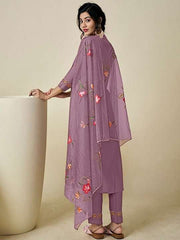Floral Yoke Design Thread Work Pure Silk Kurta with Trousers & With Dupatta - Inddus.com