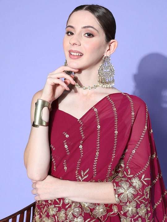 Floral Zari Embroidered Drape Dupatta Gown - Inddus.com