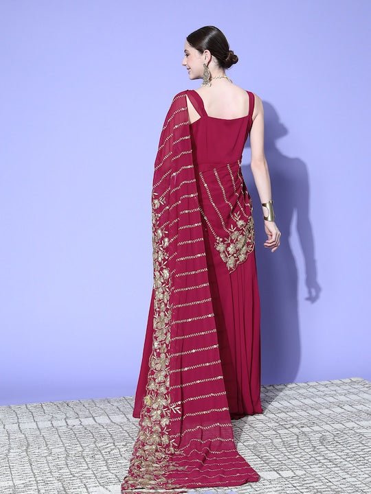 Floral Zari Embroidered Drape Dupatta Gown - Inddus.com