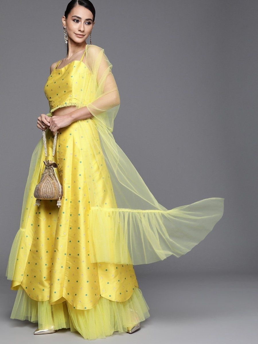 Flourescent Woven Ruffled Semistitched Lehenga with Blouse and Ruffled Net Dupatta - inddus-us