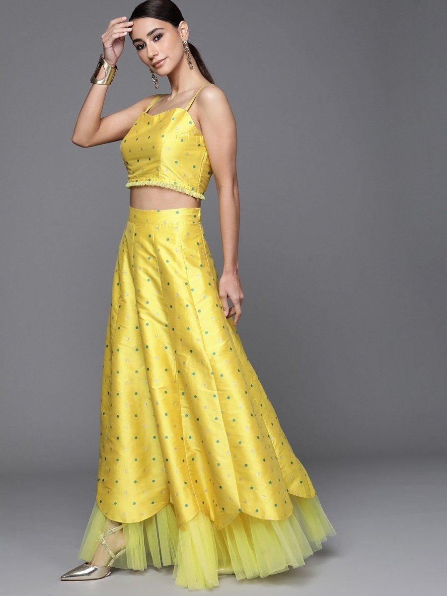 Flourescent Woven Ruffled Semistitched Lehenga with Blouse and Ruffled Net Dupatta - inddus-us