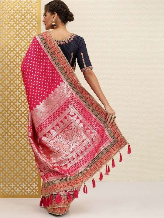 Fuchsia Pink & Silver Ethnic Motifs Sequinned Jashn Banarasi Saree - Inddus.com