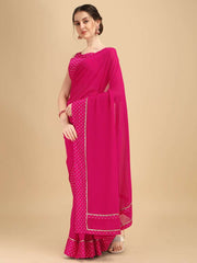 Fuchsia & White Polka Dots Printed Saree - Inddus.com