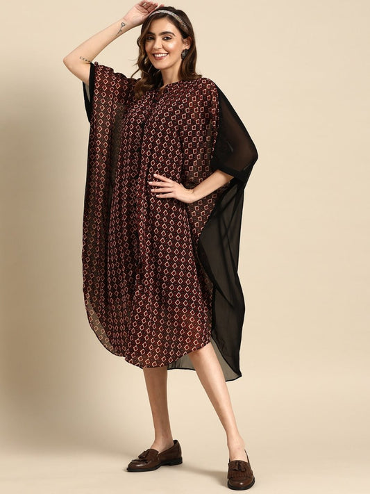 Geometric Print Georgette Kaftan Midi Dress - Inddus.com