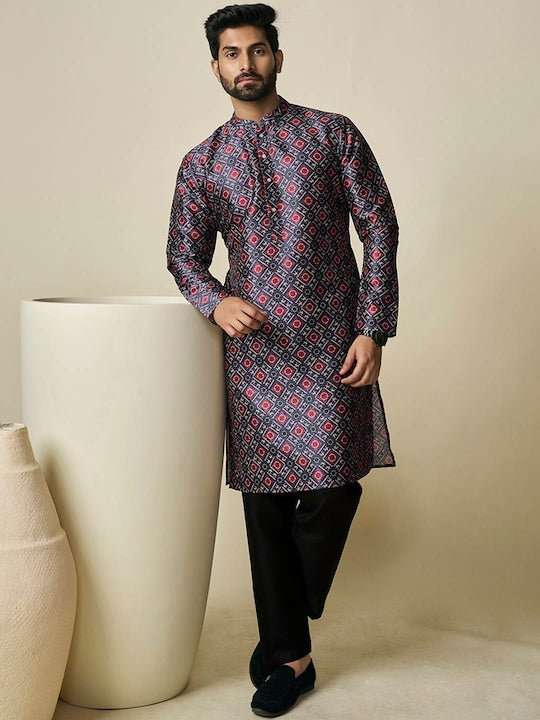 Geometric Printed Mandarin Collar Kurta - Inddus.com