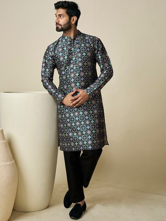 Geometric Woven Design Mandarin Collar Regular Kurta - Inddus.com