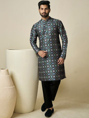 Geometric Woven Design Mandarin Collar Regular Kurta - Inddus.com